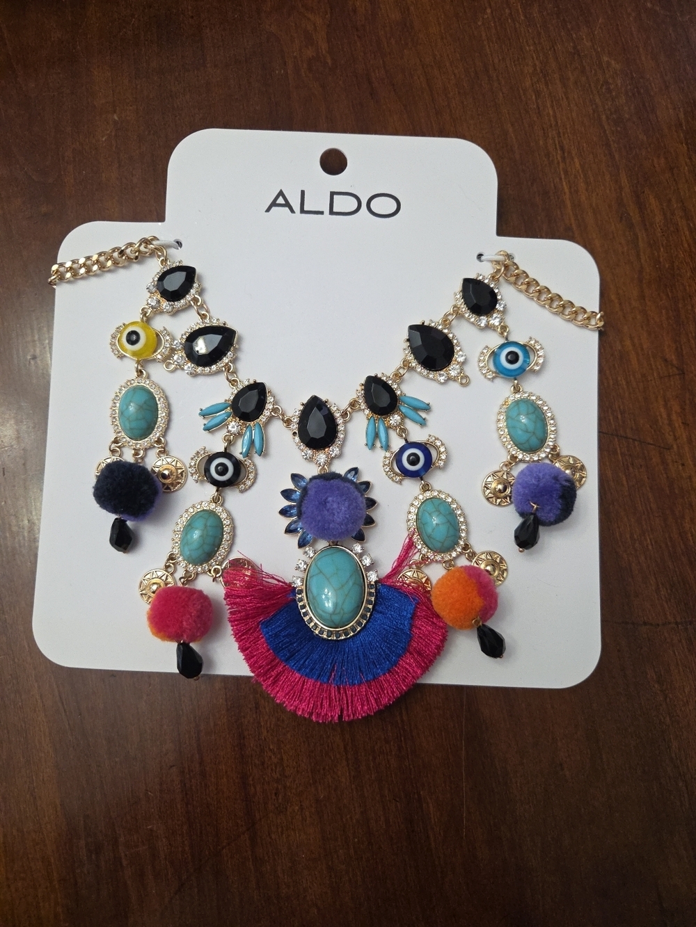 ALDO  Statement Turquoise Necklace Dangling Charms BOHO Tribal Evil Eye NWT